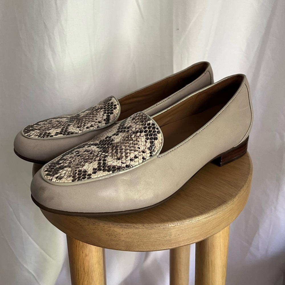 Gray and snake print Clark’s loafers!